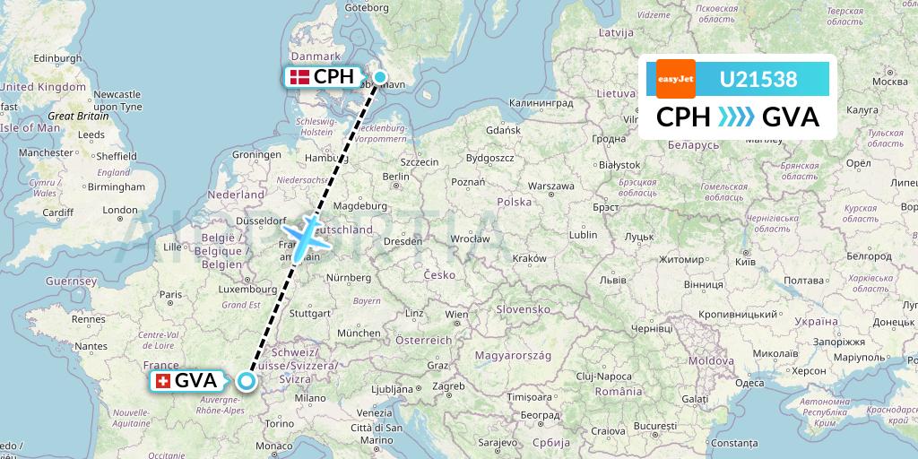 U21538 EasyJet Flight Map: Copenhagen to Geneva