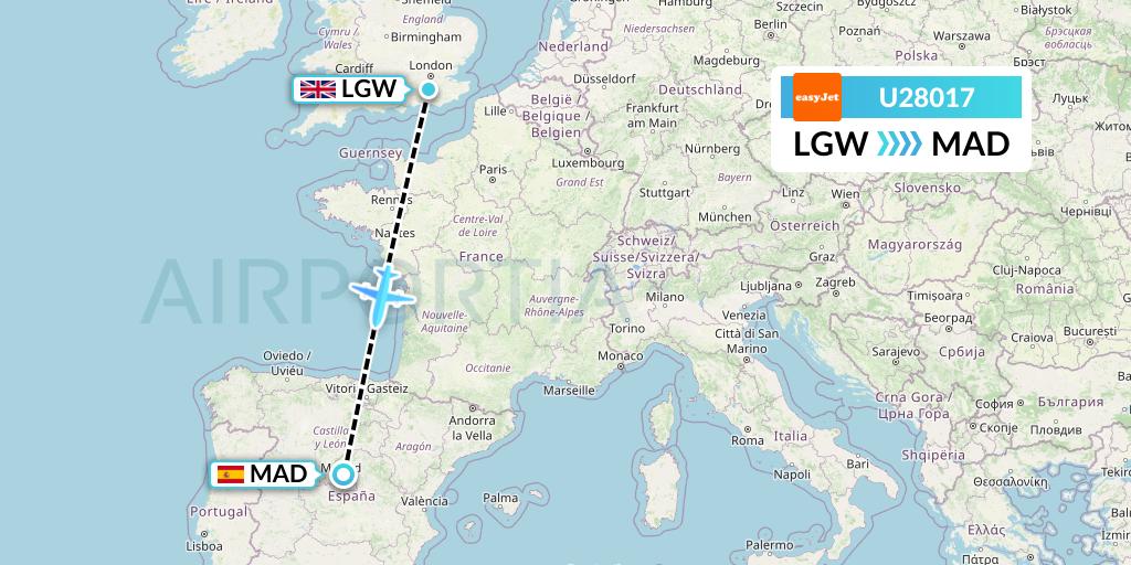 U28017 EasyJet Flight Map: London to Madrid