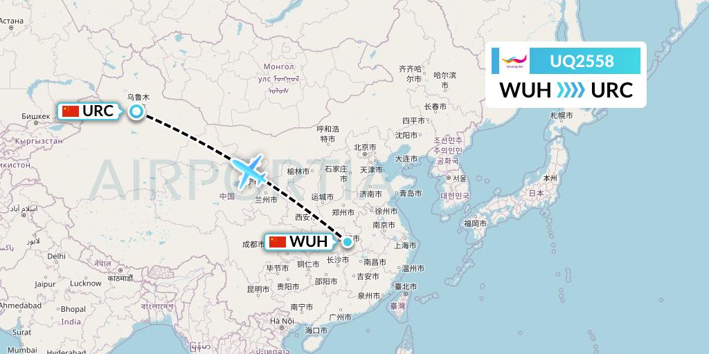UQ2558 Urumqi Airlines Flight Map: Wuhan to Urumqi