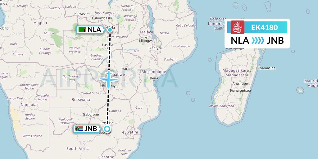 EK4180 Emirates Flight Map: Ndola to Johannesburg