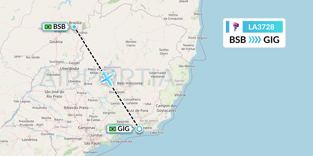 LA3728 LAN Airlines Flight Map: Brasilia to Rio de Janeiro