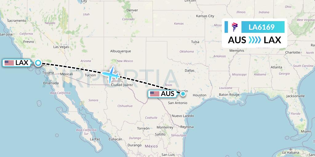 LA6169 LAN Airlines Flight Map: Austin to Los Angeles