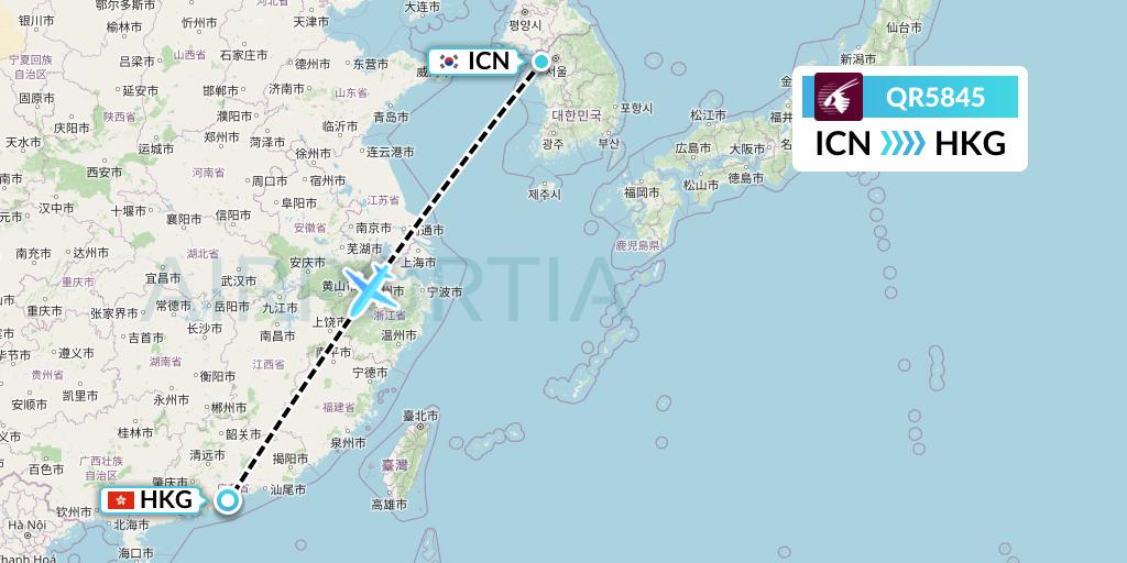 QR5845 Qatar Airways Flight Map: Seoul to Hong Kong