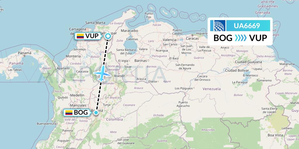 UA6669 United Airlines Flight Map: Bogota to Valledupar