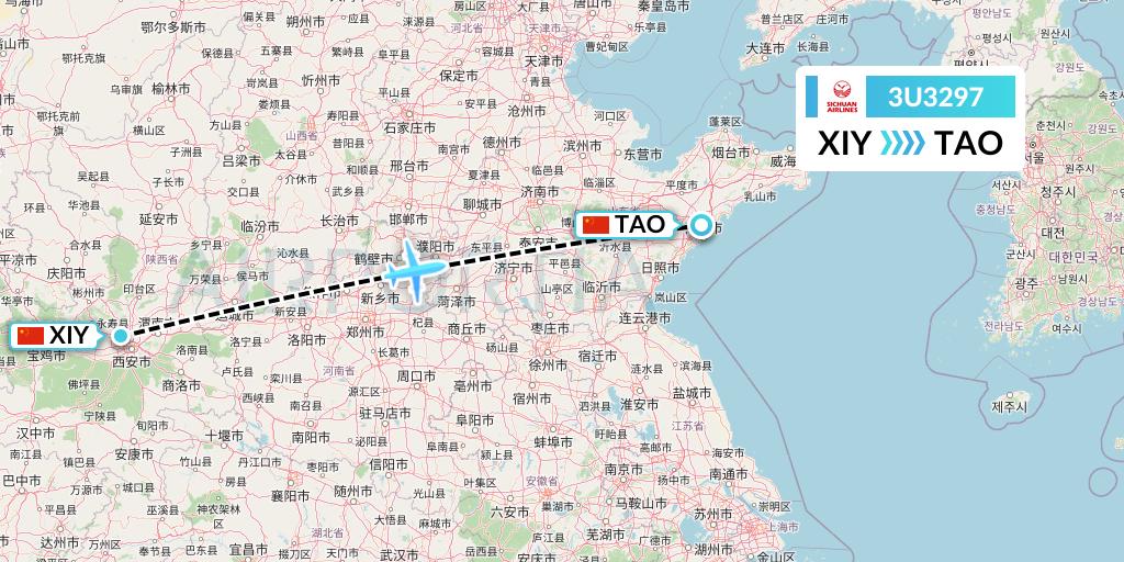 3U3297 Sichuan Airlines Flight Map: Xi'an to Qingdao