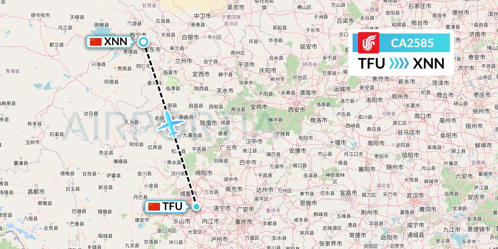 CA2585 Air China Flight Map: Chengdu to Xining