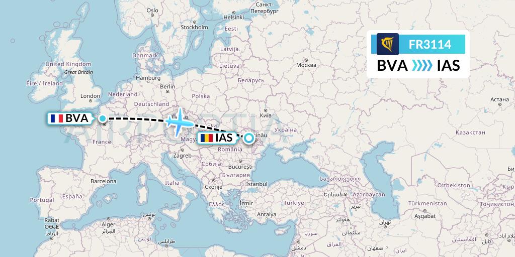 FR3114 Ryanair Flight Map: Paris to Iasi