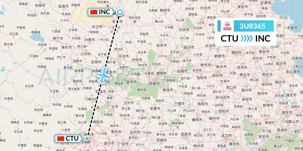 3U8365 Sichuan Airlines Flight Map: Chengdu to Yinchuan