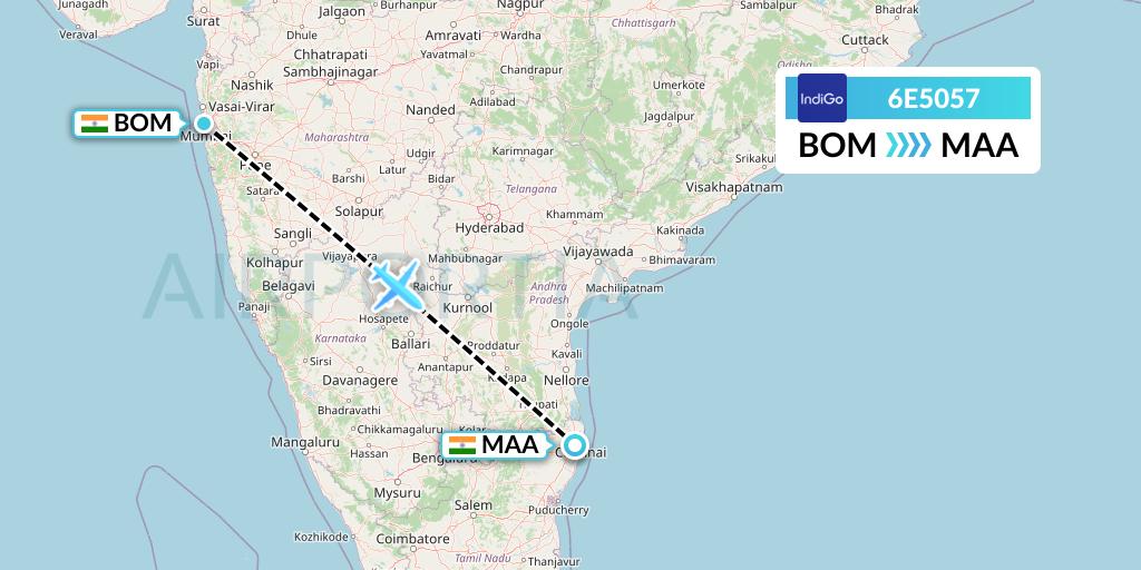 6E5057 IndiGo Airlines Flight Map: Mumbai to Chennai