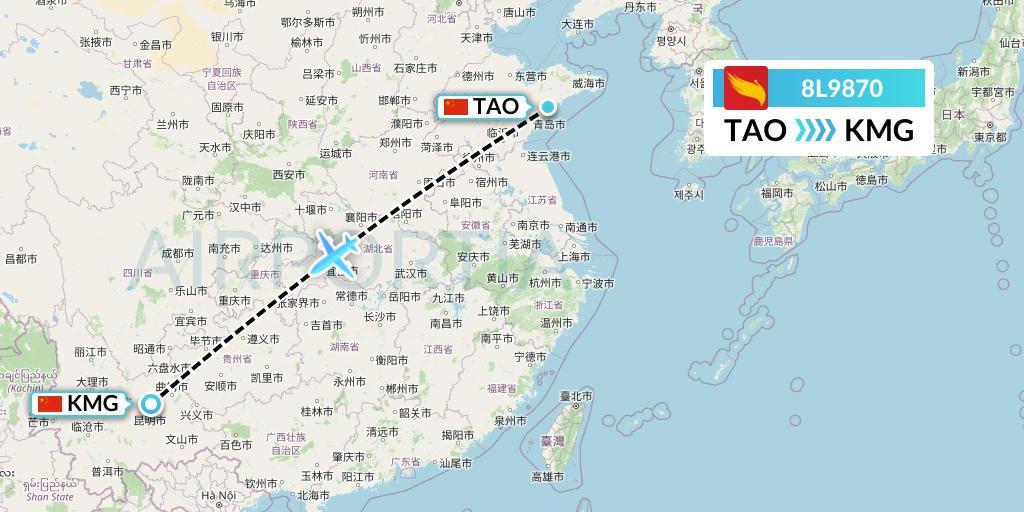 8L9870 Lucky Air Flight Map: Qingdao to Kunming