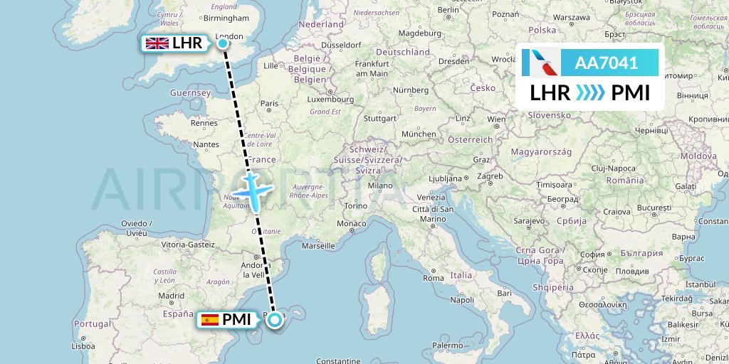 AA7041 American Airlines Flight Map: London to Palma de Mallorca