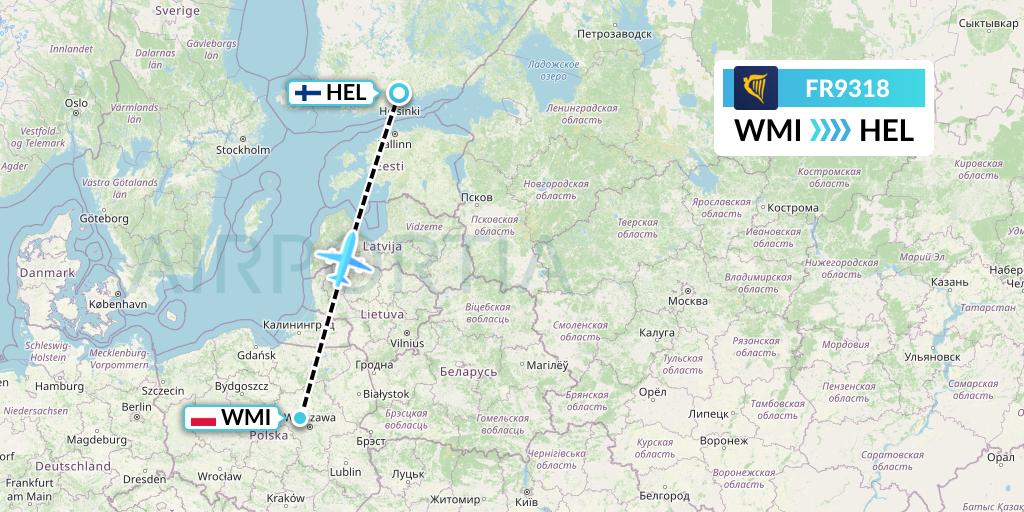 FR9318 Ryanair Flight Map: Warsaw to Helsinki
