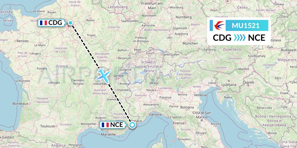MU1521 China Eastern Airlines Flight Map: Paris to Nice