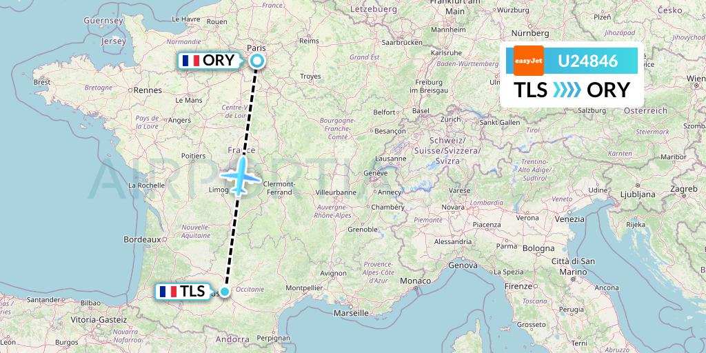 U24846 EasyJet Flight Map: Toulouse to Paris