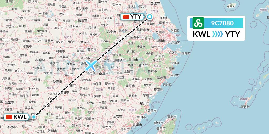 9C7080 Spring Airlines Flight Map: Guilin to Yangzhou