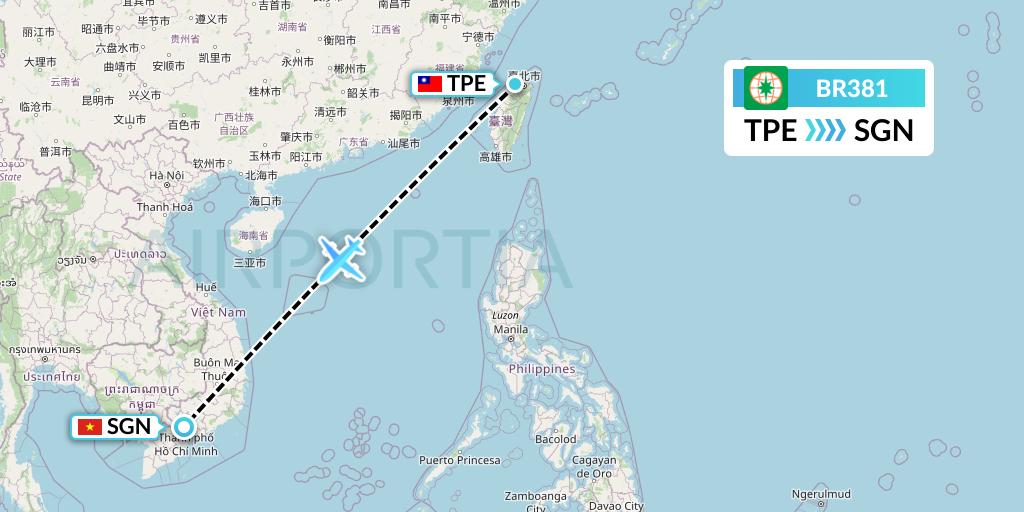 BR381 EVA Air Flight Map: Taipei to Ho Chi Minh City