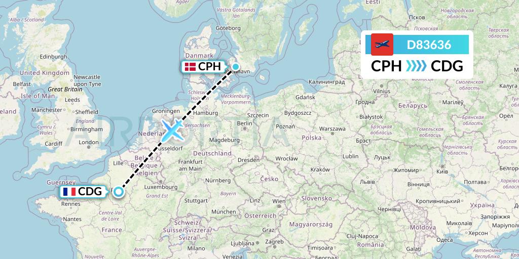 D83636 Norwegian Air International Flight Map: Copenhagen to Paris