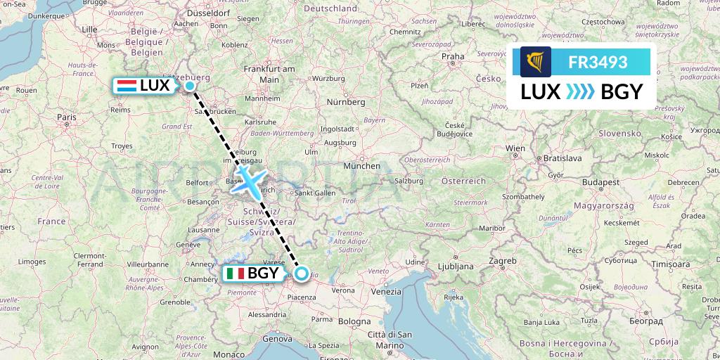 FR3493 Ryanair Flight Map: Luxembourg to Milan