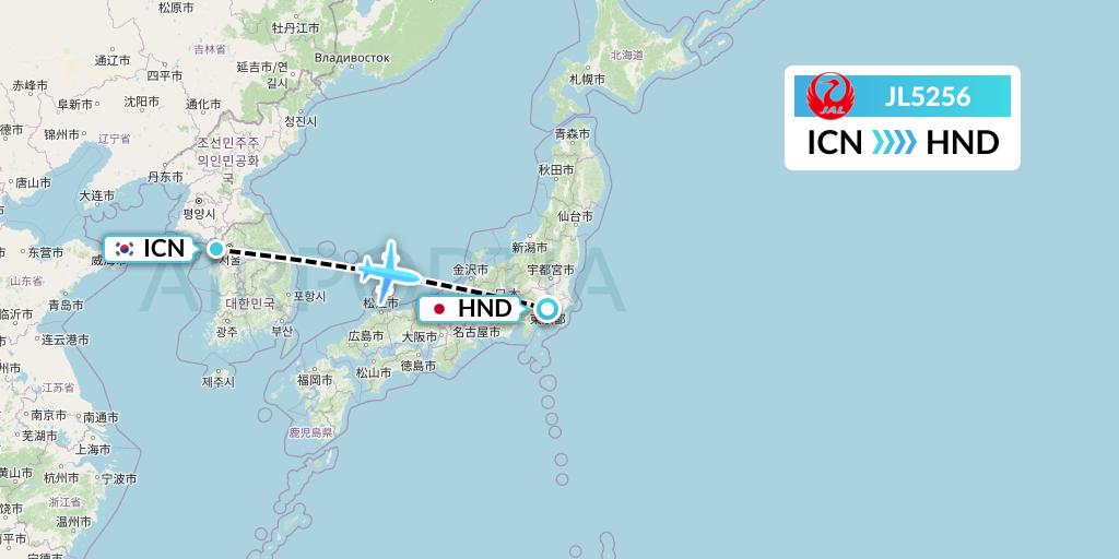 JL5256 Japan Airlines Flight Map: Seoul to Tokyo