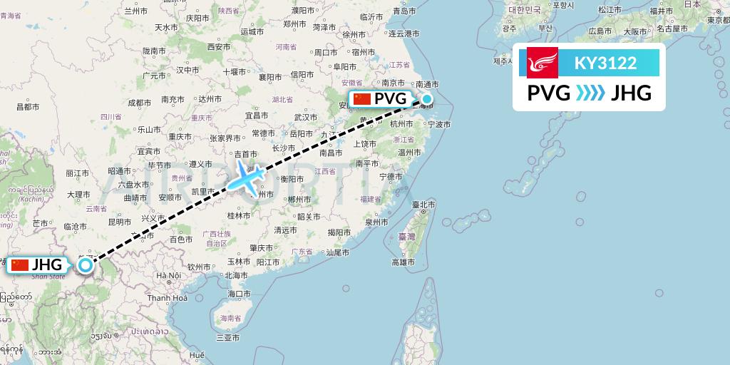 KY3122 Kunming Airlines Flight Map: Shanghai to Jinghong