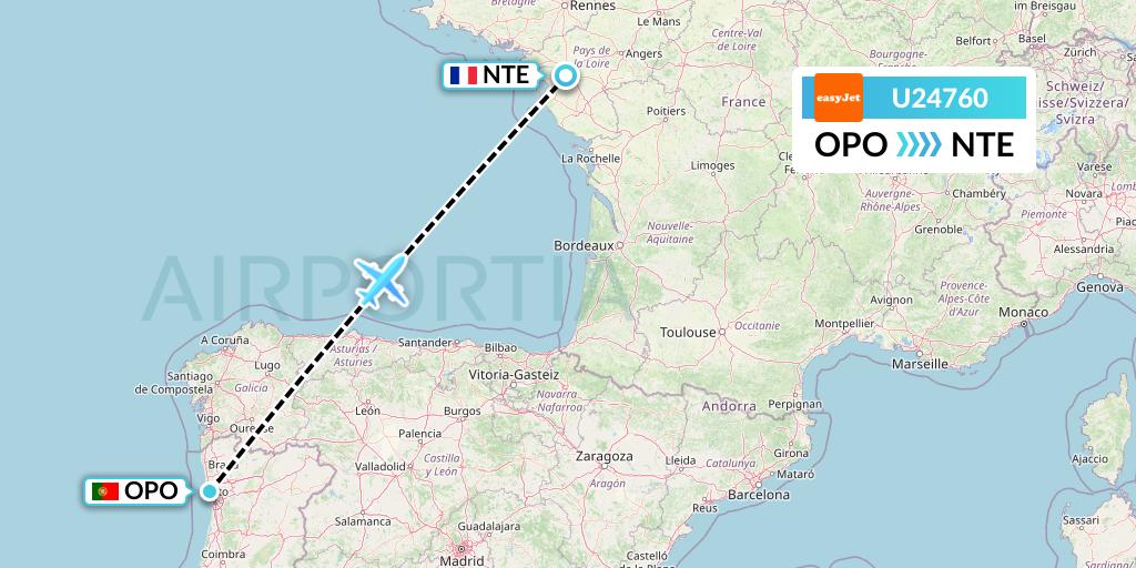 U24760 EasyJet Flight Map: Porto to Nantes