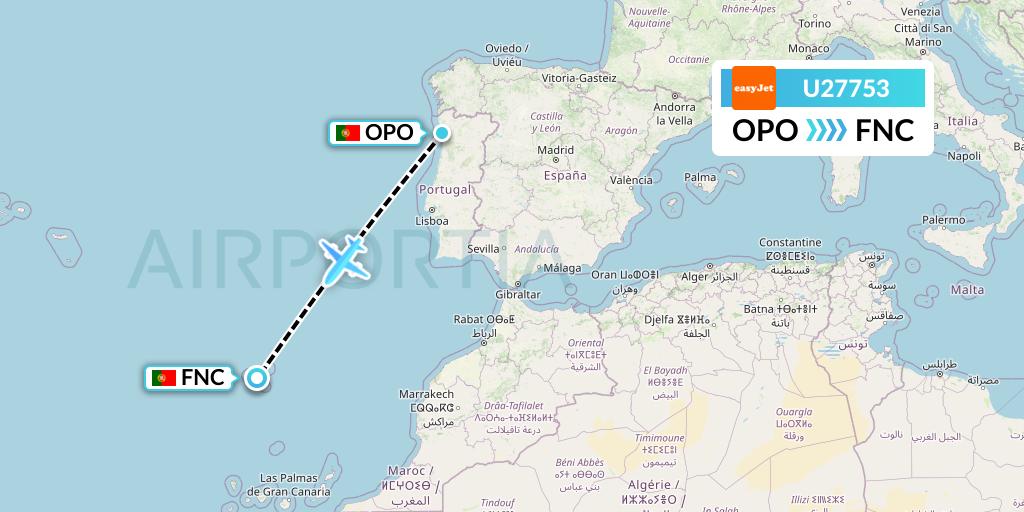 U27753 EasyJet Flight Map: Porto to Funchal