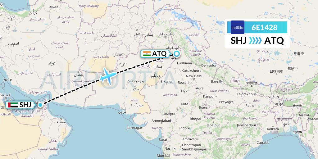 6E1428 IndiGo Airlines Flight Map: Sharjah to Amritsar