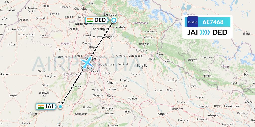 6E7468 IndiGo Airlines Flight Map: Jaipur to Dehradun