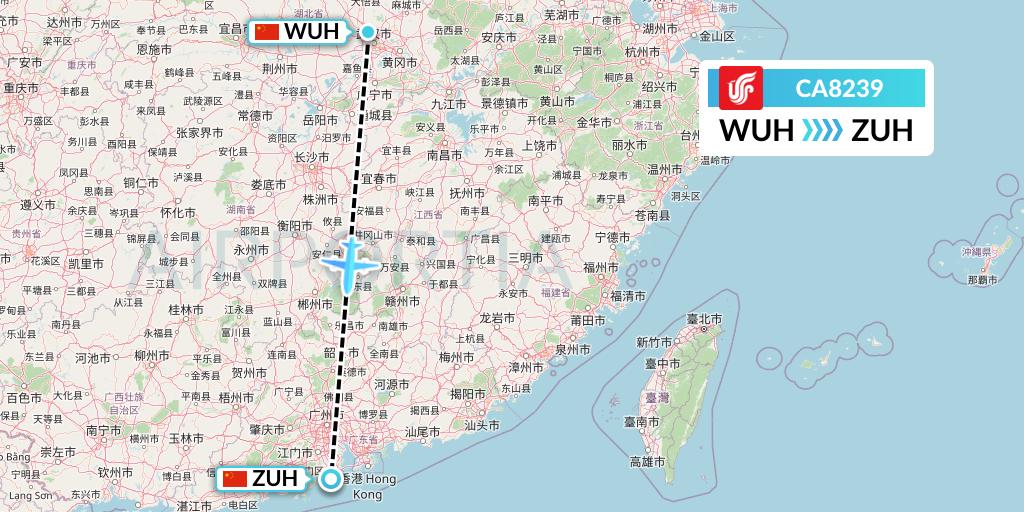 CA8239 Air China Flight Map: Wuhan to Zhuhai