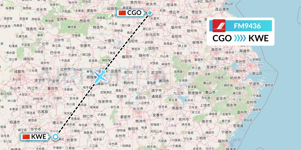 FM9436 Shanghai Airlines Flight Map: Zhengzhou to Guiyang
