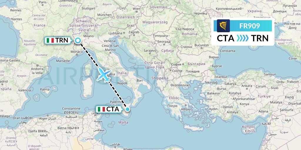 FR909 Ryanair Flight Map: Catania to Turin