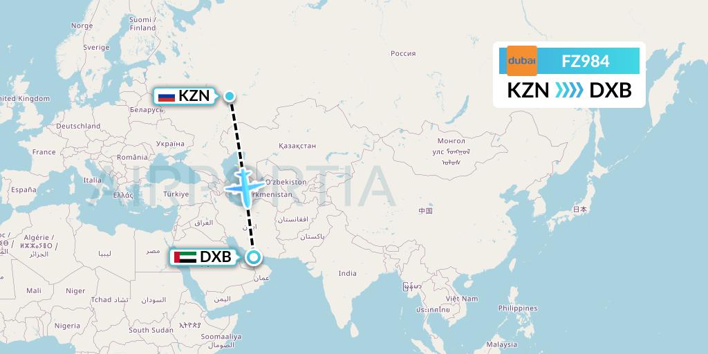 FZ984 FlyDubai Flight Map: Kazan to Dubai