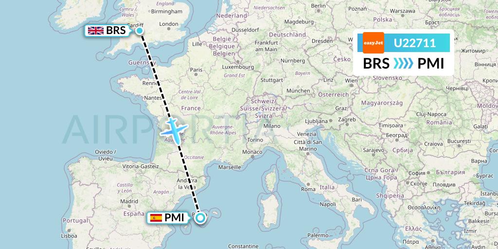 U22711 EasyJet Flight Map: Bristol to Palma de Mallorca