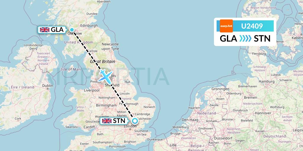U2409 EasyJet Flight Map: Glasgow to London