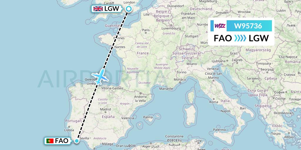 W95736 Wizz Air UK Flight Map: Faro to London