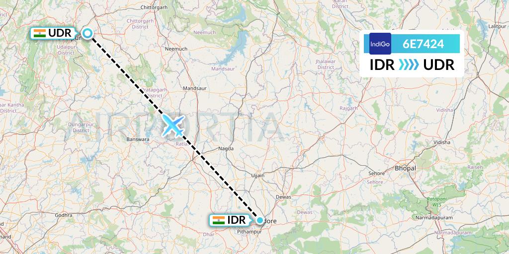 6E7424 IndiGo Airlines Flight Map: Indore to Udaipur