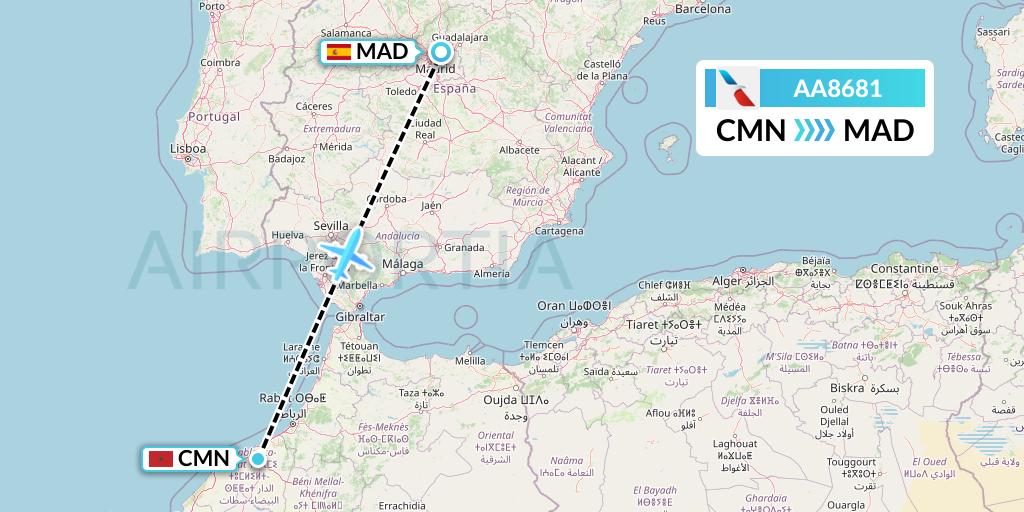 AA8681 American Airlines Flight Map: Casablanca to Madrid
