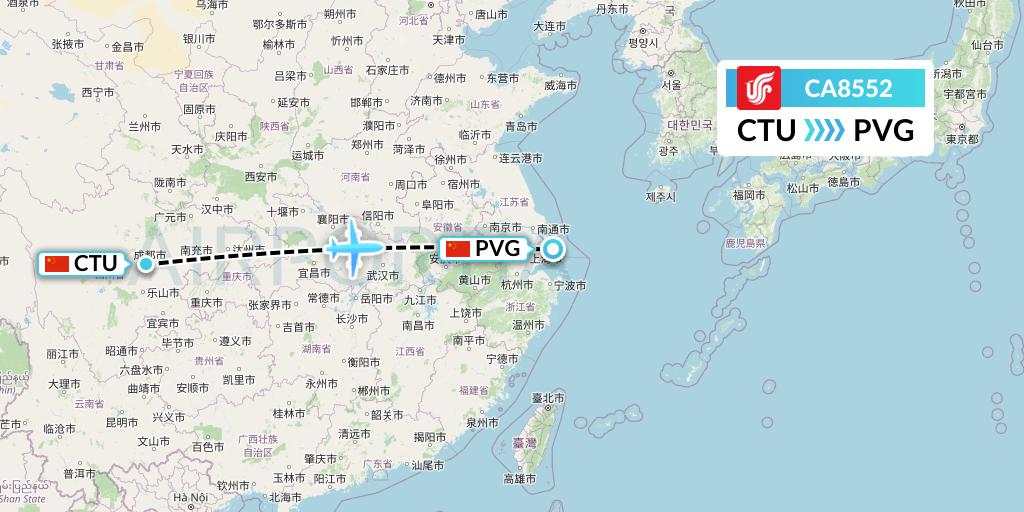 CA8552 Air China Flight Map: Chengdu to Shanghai