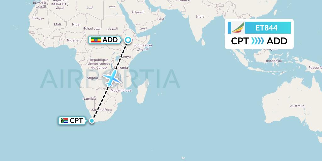 ET844 Ethiopian Airlines Flight Map: Cape Town to Addis Ababa