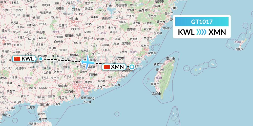 GT1017 Air Guilin Flight Map: Guilin to Xiamen