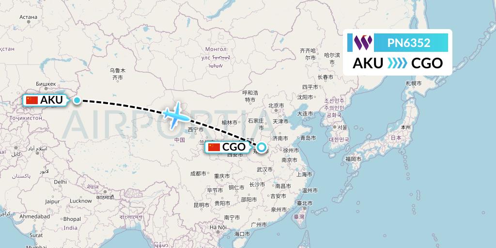 PN6352 China West Air Flight Map: Aksu to Zhengzhou