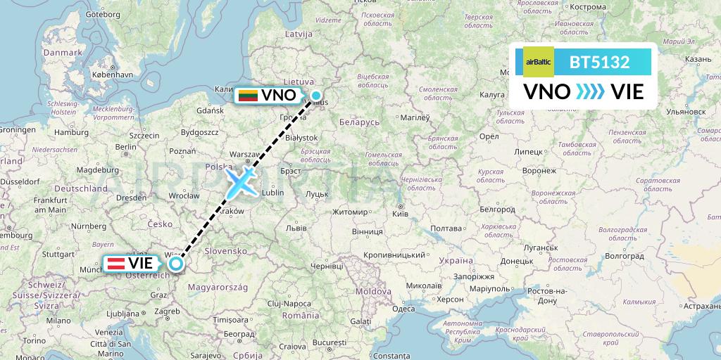 BT5132 Air Baltic Flight Map: Vilnius to Vienna