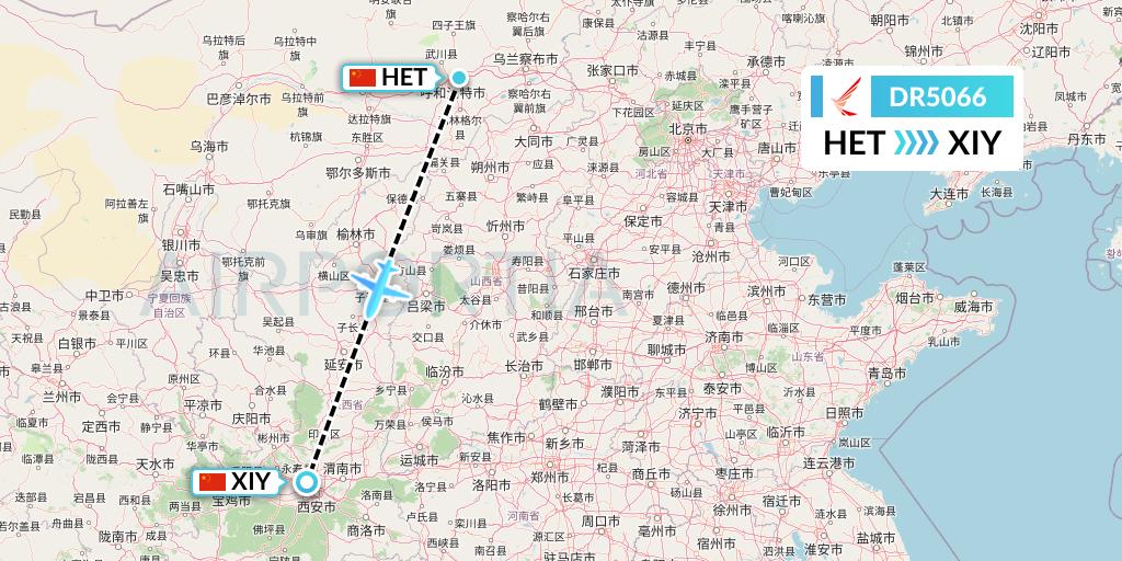 DR5066 Ruili Airlines Flight Map: Hohhot to Xi'an