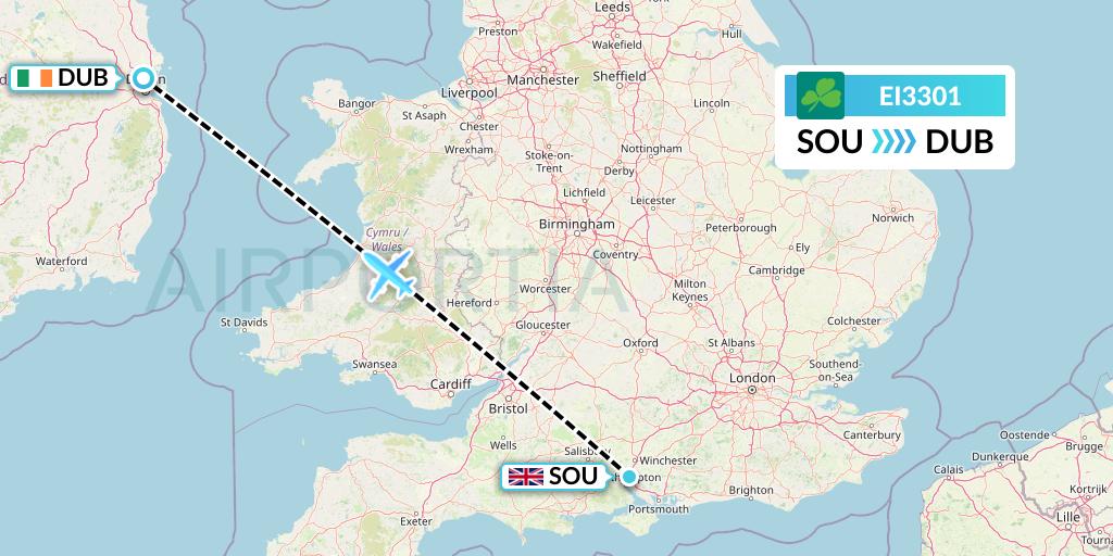 EI3301 Aer Lingus Flight Map: Southampton to Dublin