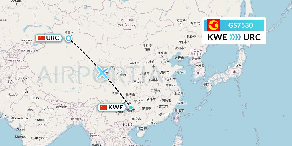 GS7530 Tianjin Airlines Flight Map: Guiyang to Urumqi