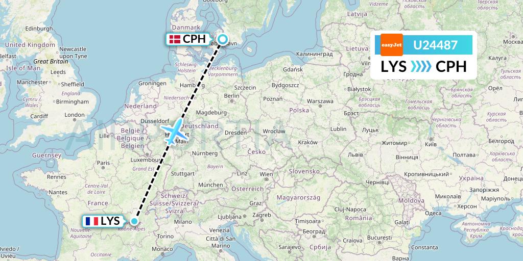 U24487 EasyJet Flight Map: Lyon to Copenhagen