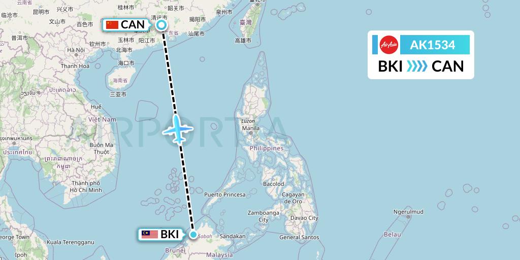 AK1534 AirAsia Flight Map: Kota Kinabalu to Guangzhou