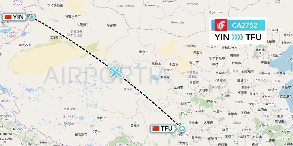 CA2752 Air China Flight Map: Yining to Chengdu