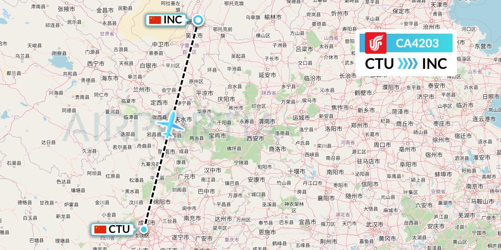 CA4203 Air China Flight Map: Chengdu to Yinchuan
