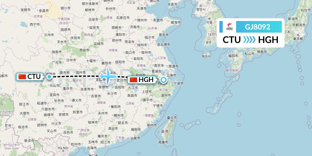 GJ8092 Loong Airlines Flight Map: Chengdu to Hangzhou